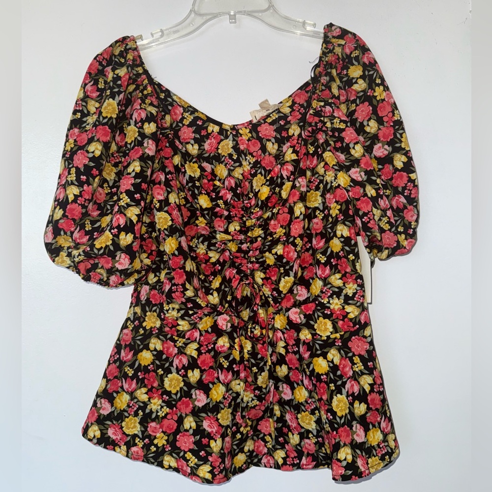 Meraki Black Floral Blouse Women Large with Puff Sleeves Floral Cinched NWT